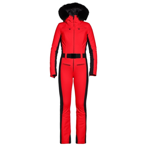 Goldbergh Parry Ski Jumpsuit with Faux Fur Hood Trim in Flame (RED) US 6 NEW - Picture 1 of 15